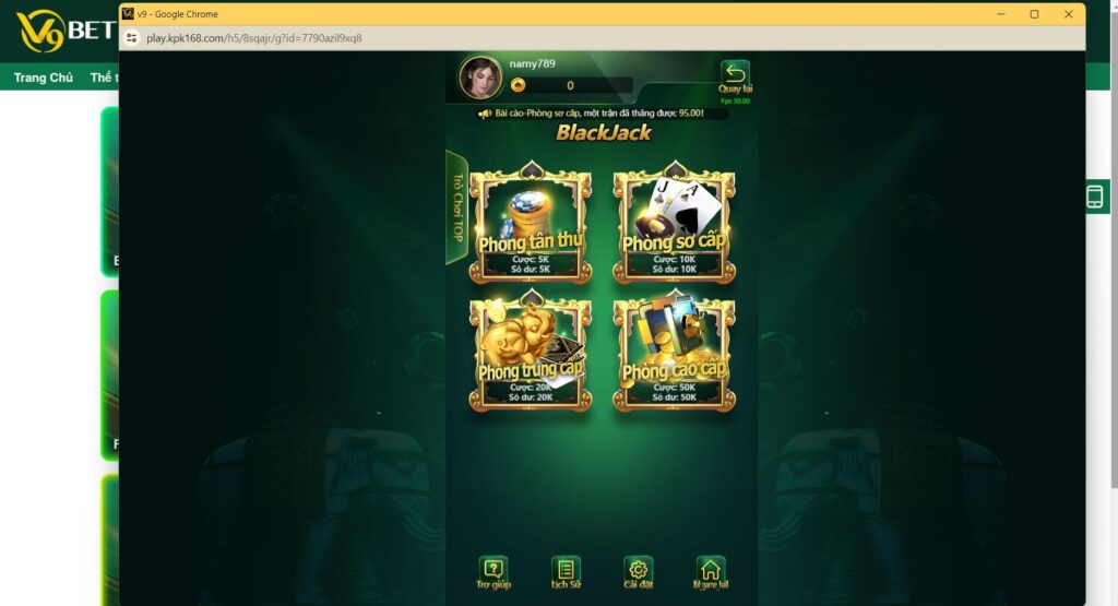 Game Black Jack V9bet chia thành bốn bàn cược tương ứng với mức tiền riêng